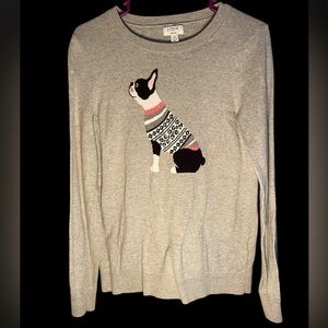 J. Crew Teddie Grey Knit French Bulldog Holiday Sweater Small Cotton Christmas